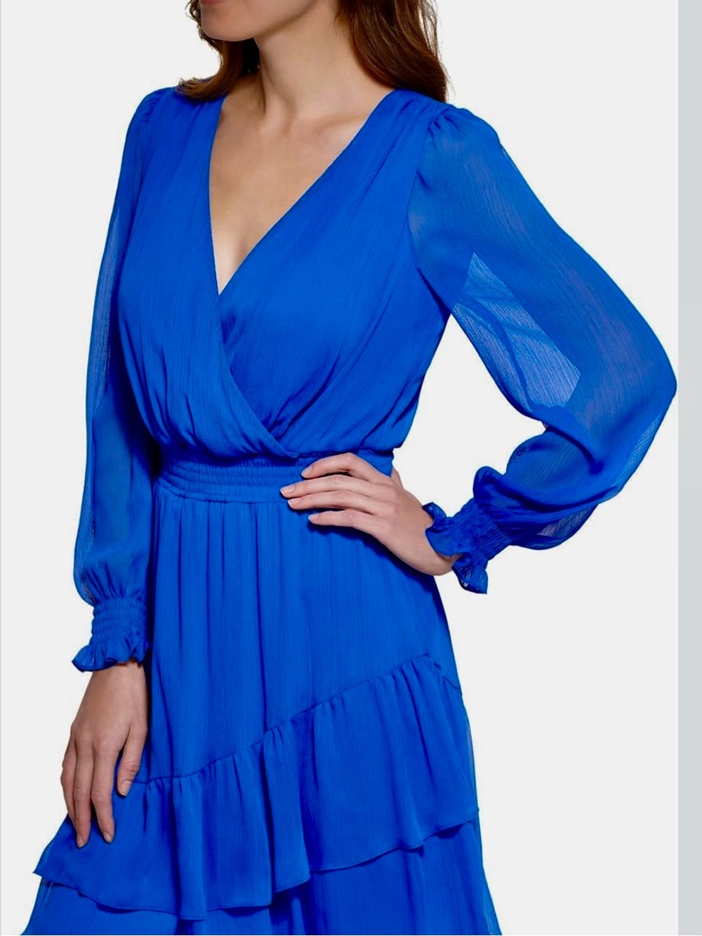 DKNY Cobalt Blue Chiffon Knee Length Dress Ruffle V-Neck Balloon Sleeve Size 10